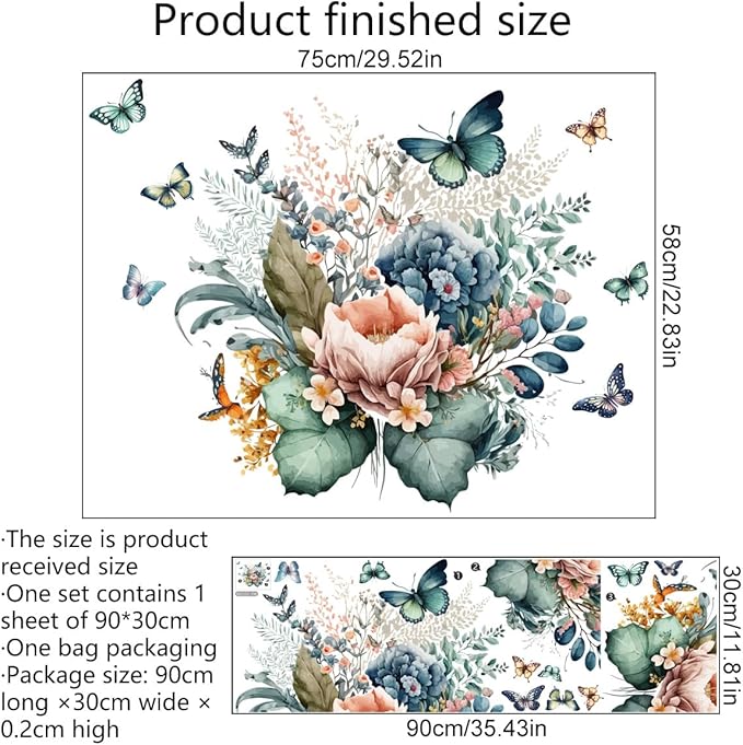 Vibrant Butterfly & Flower Wall Decals - 90cm x 30cm Sheet for Home, Office, & DIY Decor