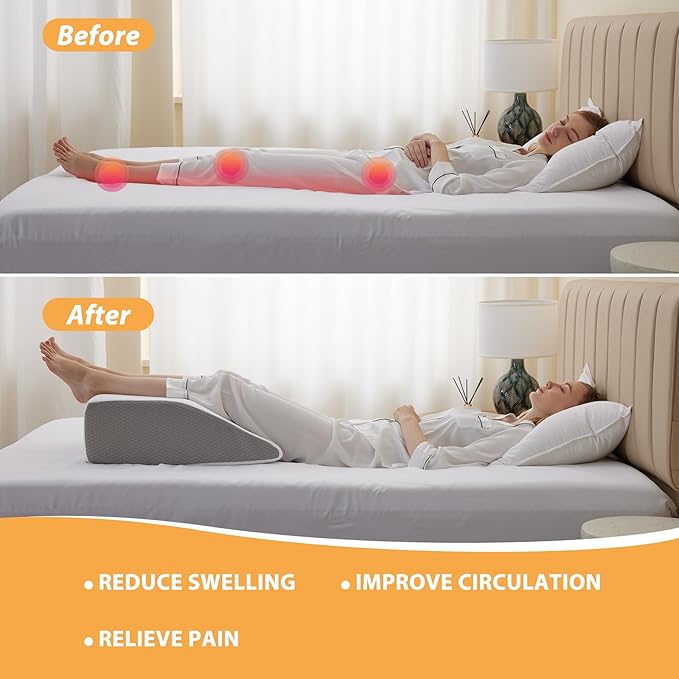 Leg Elevation Pillows, Leg Pillows for Sleeping, Cooling Gel Memory Foam Top, Wedge Pillow for Legs, Leg Wedges for Circulation, Swelling, After Surgery - Removable Cover (8 Inch, White/Grey)