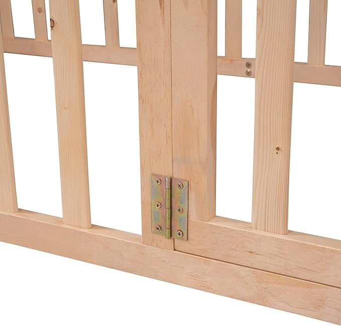 Twin Size Floor Bedframe with Door and Safety Guardrails Fence, Solid Wooden Toddler Montessori Platform Bed for Children Bedroom, Boys Girls, Kids Playroom