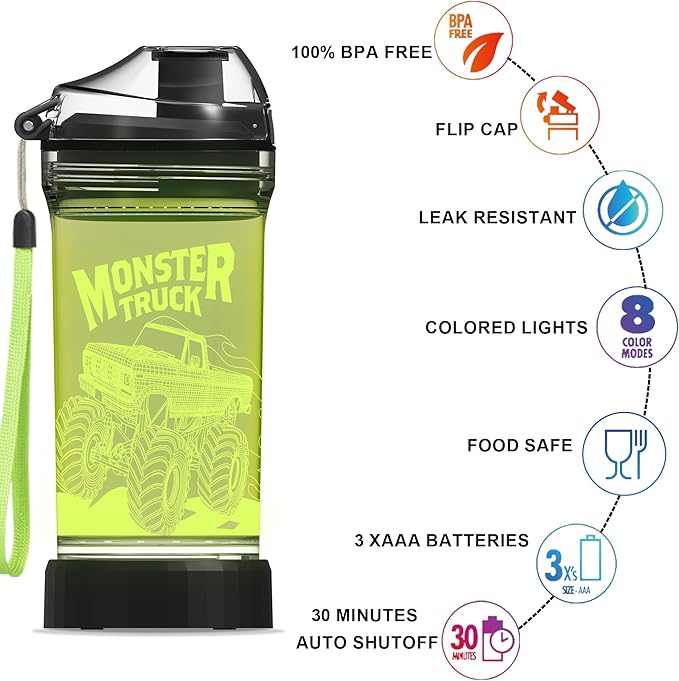 Kids Water Bottle with Monster Truck Design 3D Glowing LED Light-Tritan BPA Free,Perfect for Back-to-School Season, Girls, Boys, Kids, Holiday Camping, Picnic Gifts - 14 oz Travel Mug