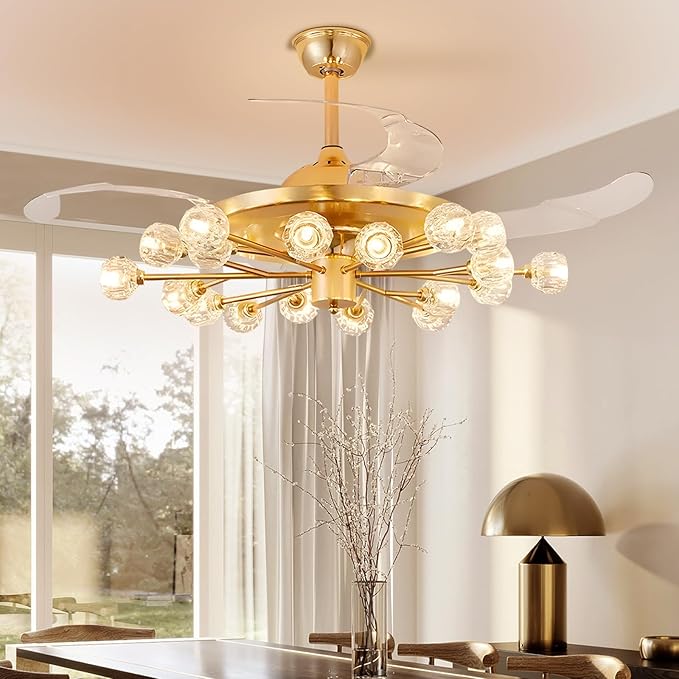 Sputnik Crystal Ceiling Fan Chandelier: 42" Gold Fandelier Ceiling Fans with 18 Lights and Remote Modern - Retractable Fandelier Ceiling Light for Living Dining Room Kitchen Bedroom