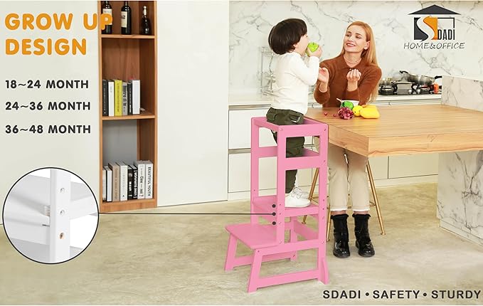 SDADI Mother's Helper Adjustable Height Kitchen Step Stool, Children Kids Toddlers Counter Level Learning Stool for Kitchen & Bathroom, Pink