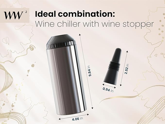 WW² - Wine Chiller With Stopper | Double-Wall Insulation, Anti-Slip Base | Up to 4" Diameter | Adjustable Silicone Top for Serving & Longer Cooling