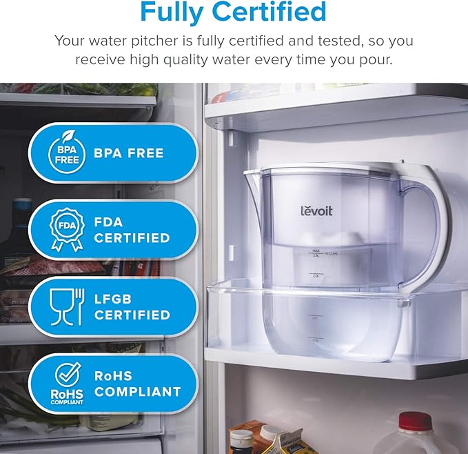 Levoit LV110WP Water Filter Pitcher for Tap and Drinking Water with 1 Standard Filter, Lasts 2 Months, 10 Cups Capacity, BPA Free, White