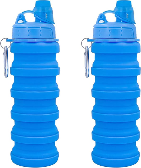 Collapsible Water Bottles Two Pack Travel Sports Portable Sport Water Bottle comes with mountaineering Buckle 500ml silicone Water-proof camping water bottle (Blue and Blue Color)