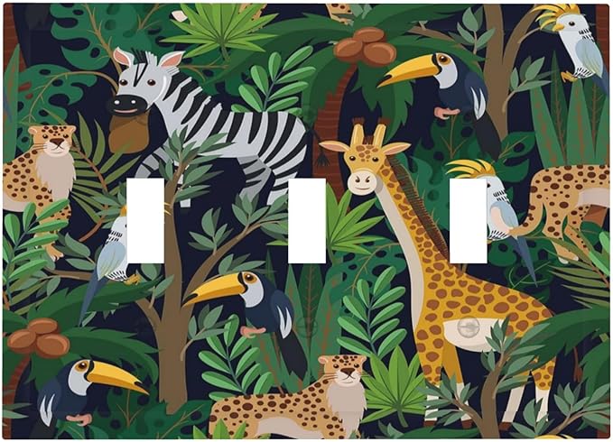Cartoon Animal Zebra Leopard Giraffe Bird Leaf 3 Gang Nursery Light Switch Covers Decorative Triple Toggle Wall Plate Electrical Faceplate Switchplate for Kidroom Bedroom Decor