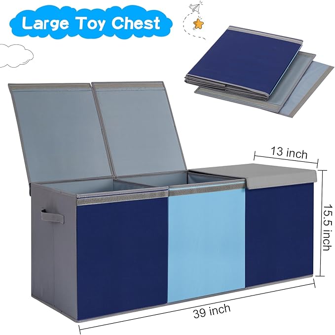 Large Toy Box Chest with Lid, Oxford Collapsible Sturdy Toy Storage Boxes Bins Baskets for Boys, Girls, Closet, Playroom, Nursery Room, 39"x15.5"x13" (Light Blue & Dark Blue)