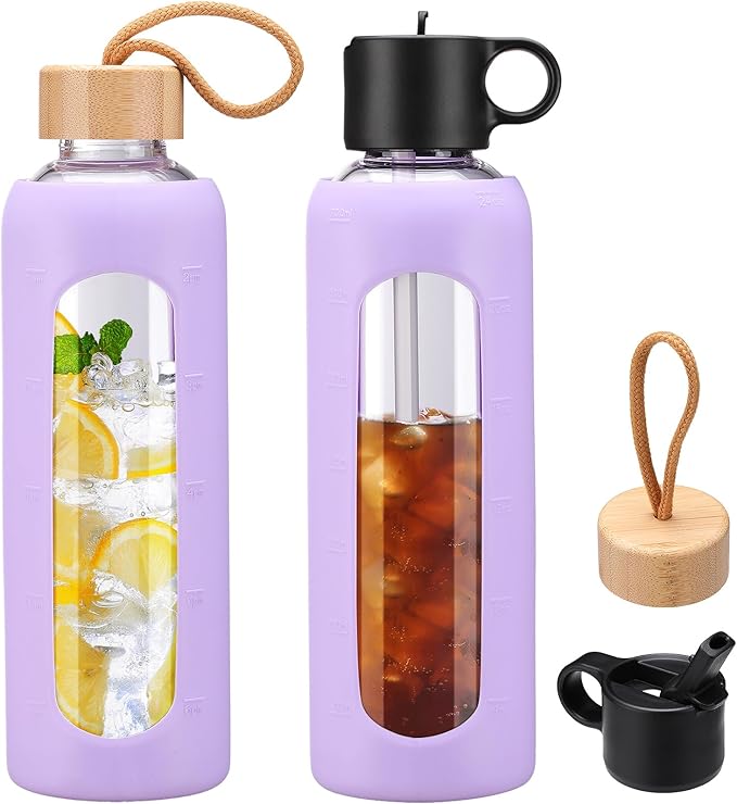 24oz Glass Water Bottle With 2 Lids-Flip Straw Lid, Bamboo Lid, Glass Water Bottle With Silicone Sleeve, Motivational Time Marker, Glass Juice Bottle for Cold Drink,Purple