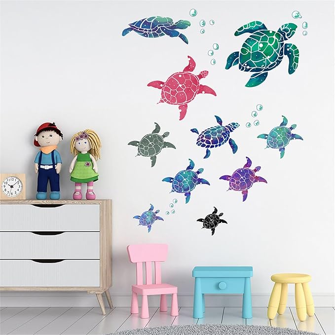 Waterproof Removable Watercolor Turtles Vinyl Wall Decal for Nursery Kidsroom School Classroom Livingroom Bedroom Bathroom Sea Life Sticker in Coastal Ocean Theme