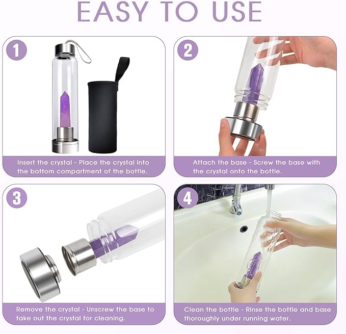 Crystal Water Bottle - Quartz Glass Water Bottle with Changeable Natural Crystal Center,Loose Natural Gem Leaf Tea Infuser Bottle, Gemstone Elixir Infused Glass Water Bottle with Sleeve Protective