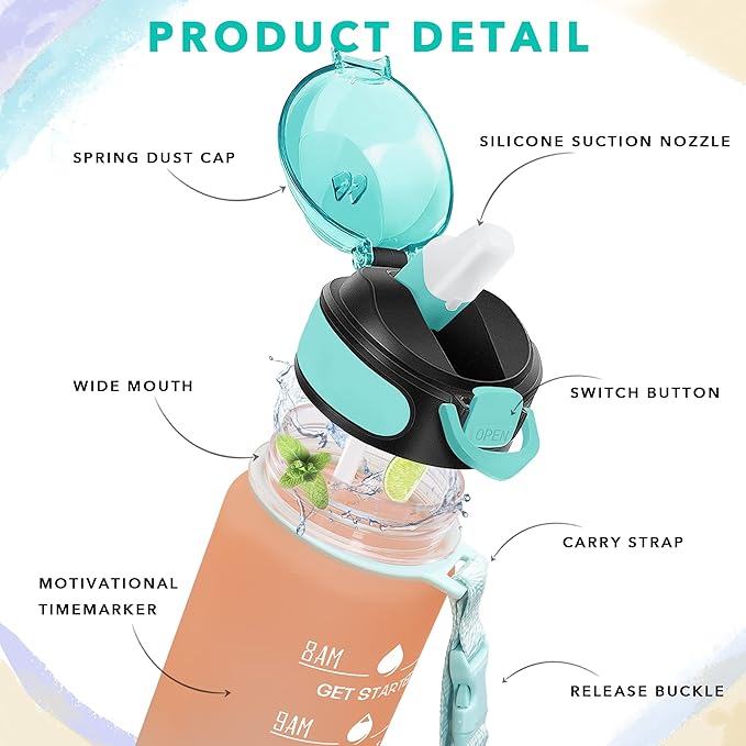 Enerbone 32 oz Drinking Water Bottle with Times to Drink and Straw, Motivational with Carrying Strap, Leakproof BPA & Toxic Free, Ensure You Drink Enough Water for Fitness Gym Outdoor