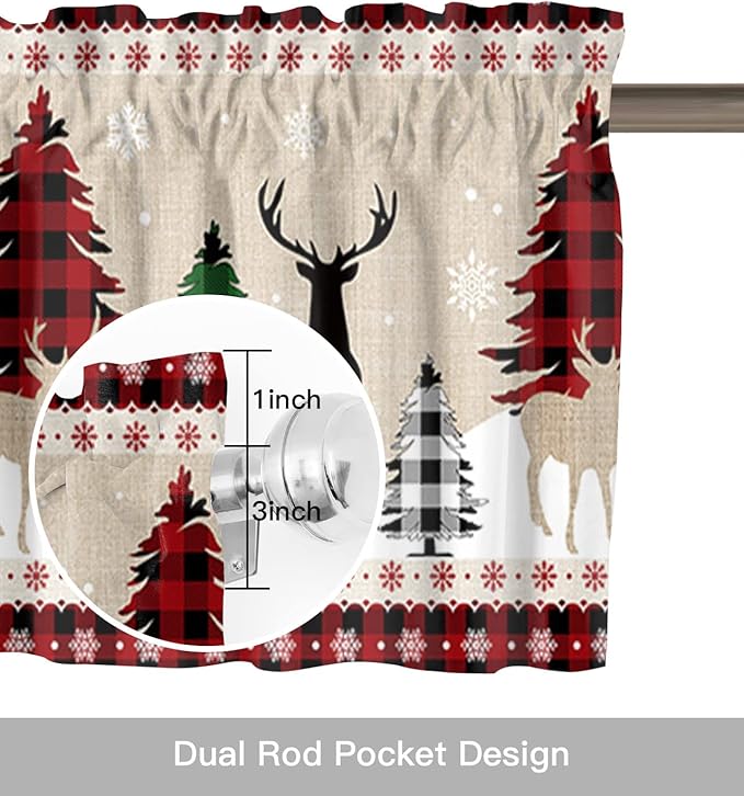 Farmhouse Christmas Kitchen Curtains Valances for Windows Rustic Plaid Christmas Tree Snowflakes Rod Pocket Short Curtain for Kitchen /Living Room/Bedroom/ Bathroom,42" X 18" -1 Panel, Red Green Black