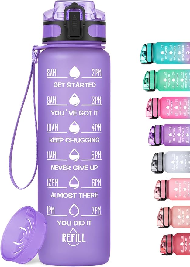32oz Motivational Water Bottle with Time Marker & Fruit Strainer, Leak-proof BPA Free Non-Toxic Bottle with Carrying Strap, Perfect for Fitness, Gym and Outdoor Sports