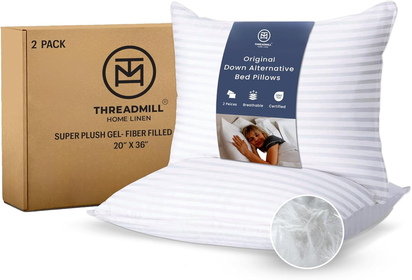 Threadmill Soft Bed Pillows King Size Set of 2 | Down Alternative Cooling Soft Pillows for Sleeping | 20 x 36 Hotel, King Size Pillows 2 Pack for Back, Stomach or Side Sleepers