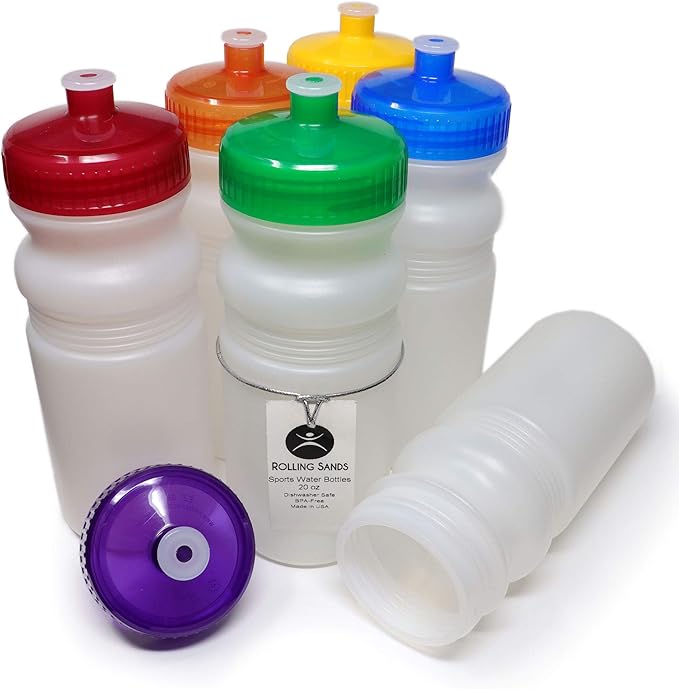Rolling Sands 20 Ounce Sports Water Bottles 6 Pack, BPA-Free, Made In USA, Dishwasher Safe, Clear Frost Bottles/Rainbow Lids