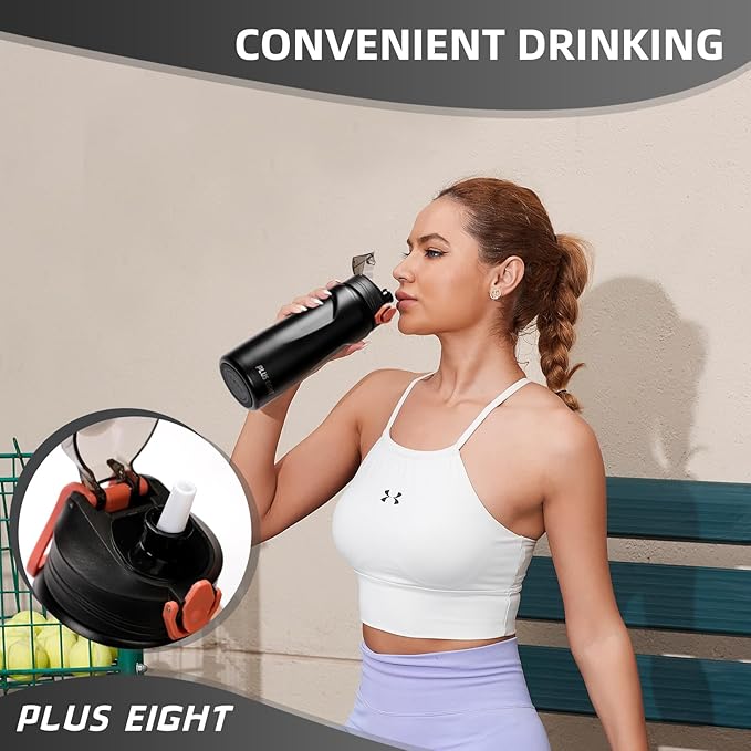 Sports Water Bottle, 25 oz Insulated Water Bottle With Straw, Stainless Steel Water Bottle Wide Mouth for Sports, Gym or Office, BPA-Free Keep Cold 24H Hot 12H (Black)