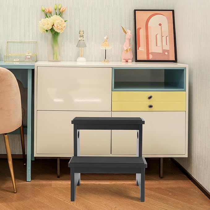 Kids Step Stool Black Stepping Stool 2 Step Stools for Toddlers Bathroom Kitchen Counter Sink Wooden Step Stool Portable Baby Childrens Wood Toddler Foot Bed Step Stool Kids Potty Training Stool
