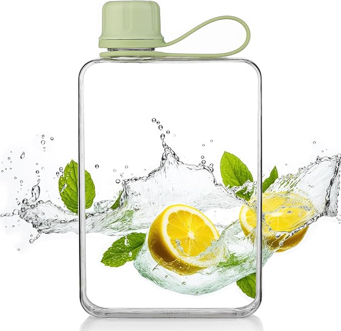 Tritan Transparent Flat Water Bottle samll Water Bottle Slim Square Pocket Bottle Water Flask, BPA Free/Slim Design/Leak Proof Water Bottle for Travel, Outdoor, Sports (Matcha Green, 500ML)