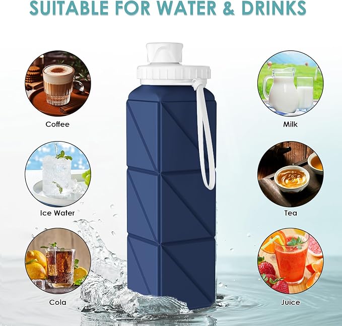 Collapsible Water Bottles,BPA-Free Leak-Proof Silicone Foldable Water Bottle Cup 20.6oz,Durable Lightweight Bottle for Gym Travel Camping Hiking Running (Navy Blue)