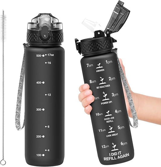 OLDLEY Kids Water Bottle for School, 17 oz (Straw Lid) BPA-Free Reusable Leak-proof Durable Tritan Plastic Water Bottles with One-handed Opening Straw Lids, Anti-dust Spout Cover (Black)