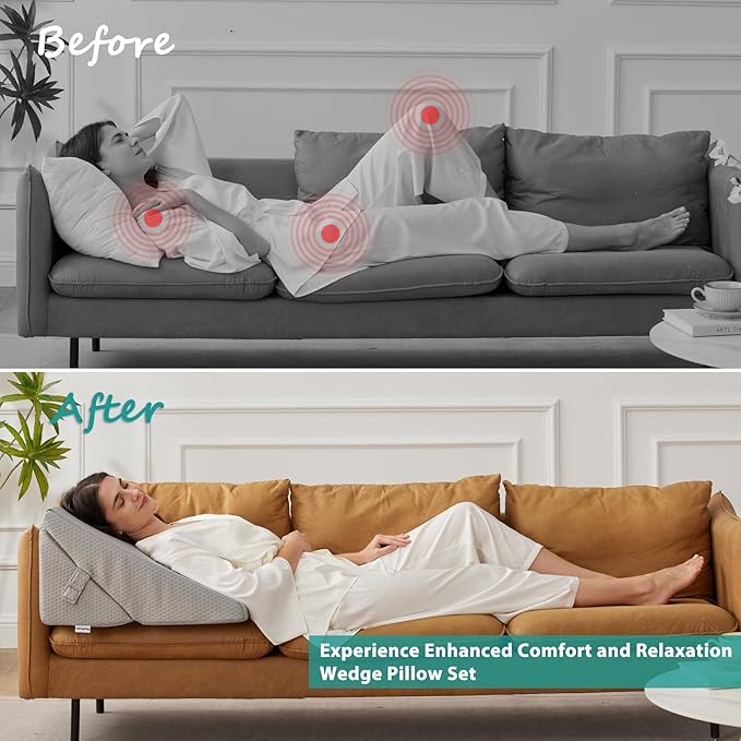 Wedge Pillow for Sleeping, Adjustable 9&12 Inch Foldable Bed Wedge Pillow Set, Orthopedic Memory Foam Triangle Pillow Wedge, 7-in-1 Elevated Pillows for Leg and Back Support, Grey