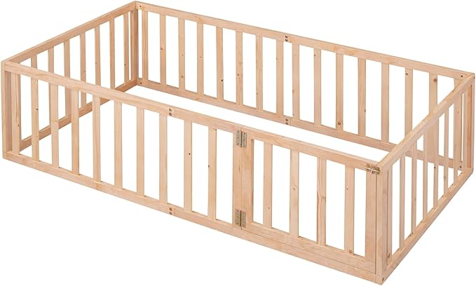 Twin Size Floor Bedframe with Door and Safety Guardrails Fence, Solid Wooden Toddler Montessori Platform Bed for Children Bedroom, Boys Girls, Kids Playroom