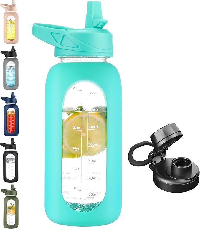 CIVAGO 32 oz Glass Water Bottle with Straw and Handle, Large Sports Motivational Water Bottle Flask with Time Marker, Leakproof Water Jug Canteen with Silicone Sleeve for Gym,Mint Matte