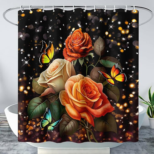 AILONEN Rose Flower Shower Curtain for Bathroom, Glitter Starry Flower Print Bath Curtain,Modern Botanical Floral Butterfly Waterproof Shower Curtain Decoration with 12 Plastic Hooks, 60" W*72" H