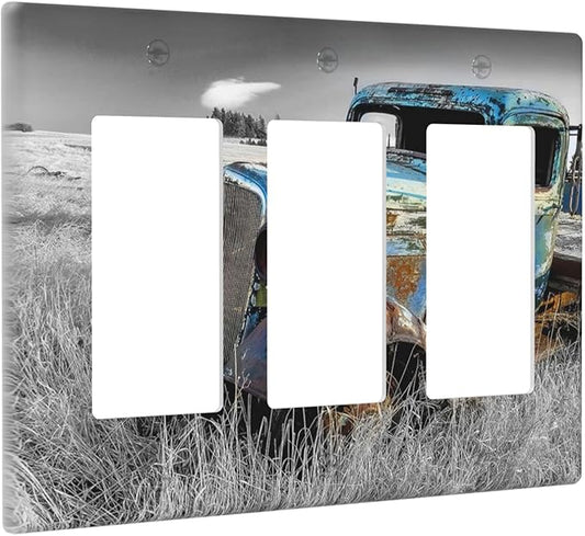 Vintage Country Old Blue Truck 3 Gang Rocker Light Switch Plate Rustic Automobile Triple Decora Outlet Wall Plate Cover Faceplate Decorative Switchcovers GFCI for Bathroom Bedroom Livingroom Decor