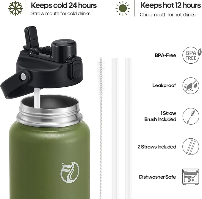 Half Gallon Insulated Water Bottle with 2-in-1 Lid (Chug Lid/Straw Lid), 40/64oz Double Walled Vacuum Stainless Steel Water Bottles, Water Jug with Straw