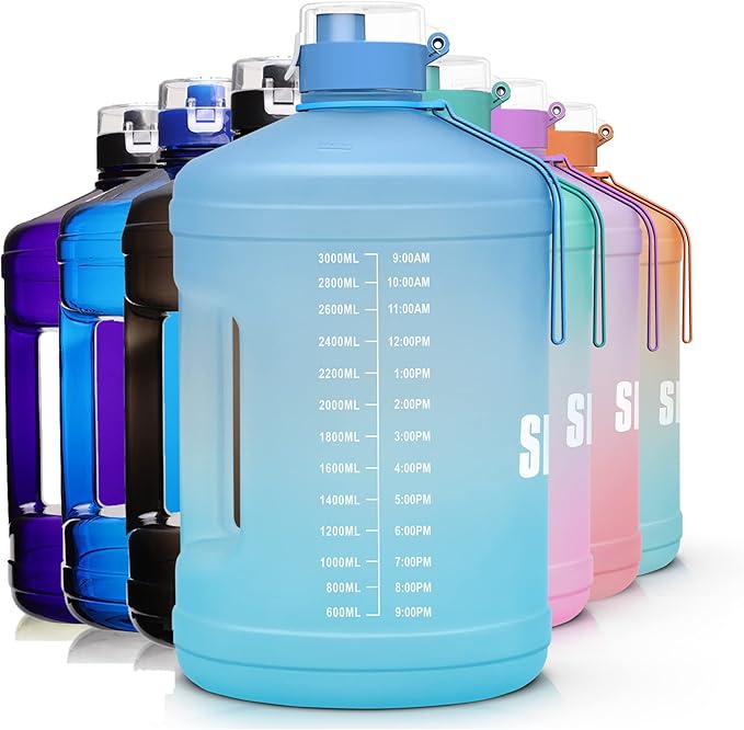 Gallon Big Water Bottle with Handle, 128oz Leakproof BPA Free Fitness Sports Water Bottle with Motivational Time Marker & Wide Mouth Ensure You Drink More Water