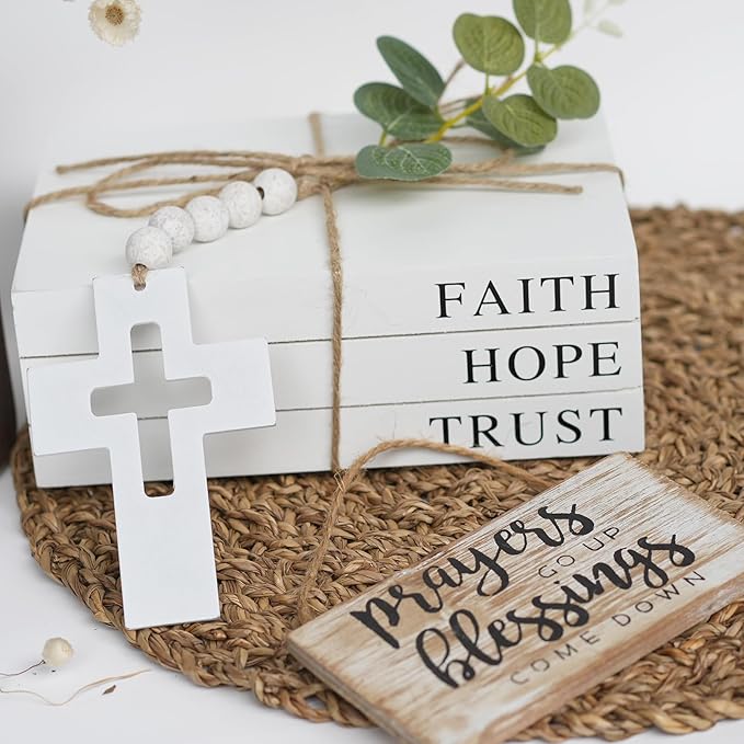 Decorative Books for Home Decor, Fake Books for Decoration, Wooden Faux Books for Decoration, Farmhouse Book Decor (Faith Hope Trust)