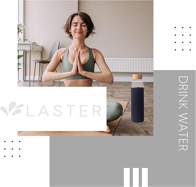 Laster Glass Water Bottle 20 Oz, 600 ml, made of Borosilicate Glass, 1 Bamboo & 1 Stainless Steel Lid, BPA Free, Non-Slip Silicone Sleeve (Black)