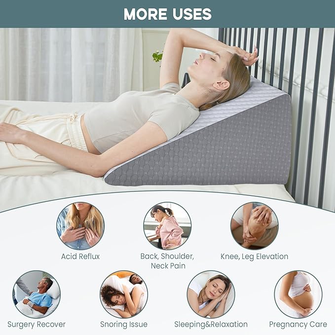 Bed Wedge Pillow, 10" 24" 24" Triangle Pillow Wedge, Cooling Memory Foam Top, Elevated Support Wedge Pillow for Relieving Acid Reflux, Heartburn, Snoring and GERD