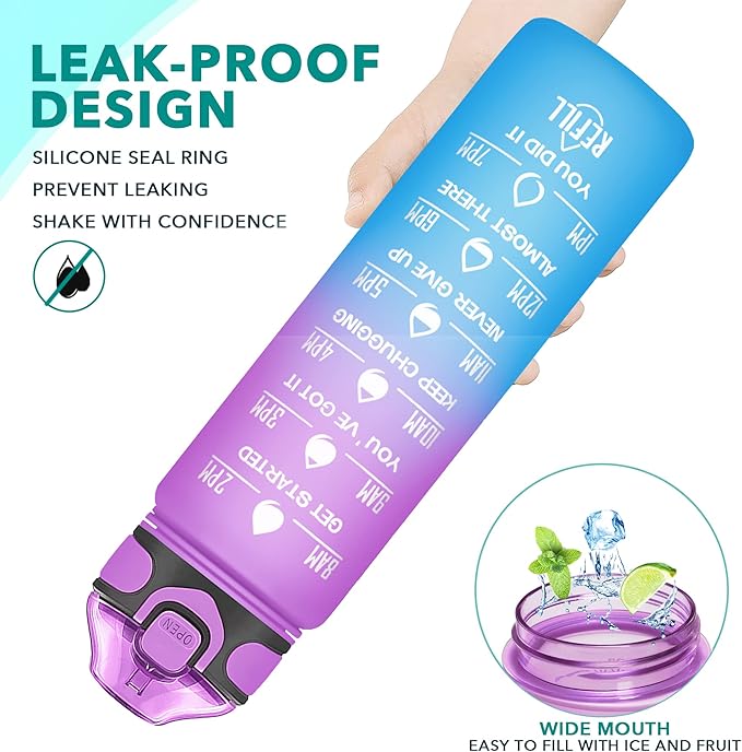Enerbone 32 oz Drinking Water Bottle with Times to Drink and Straw, Motivational with Carrying Strap, Leakproof BPA & Toxic Free, Ensure You Drink Enough Water for Fitness Gym Outdoor
