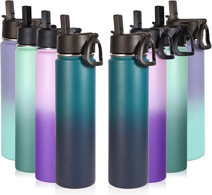 Volhoply 24oz Insulated Water Bottle With Straw Bulk 8 Pack,Metal Wide Mouth Water Bottles With Handle Keep Cold,Reusable Double Wall Thermos,Powder Coated Sport Bottle For Holder(Assorted,8 count)