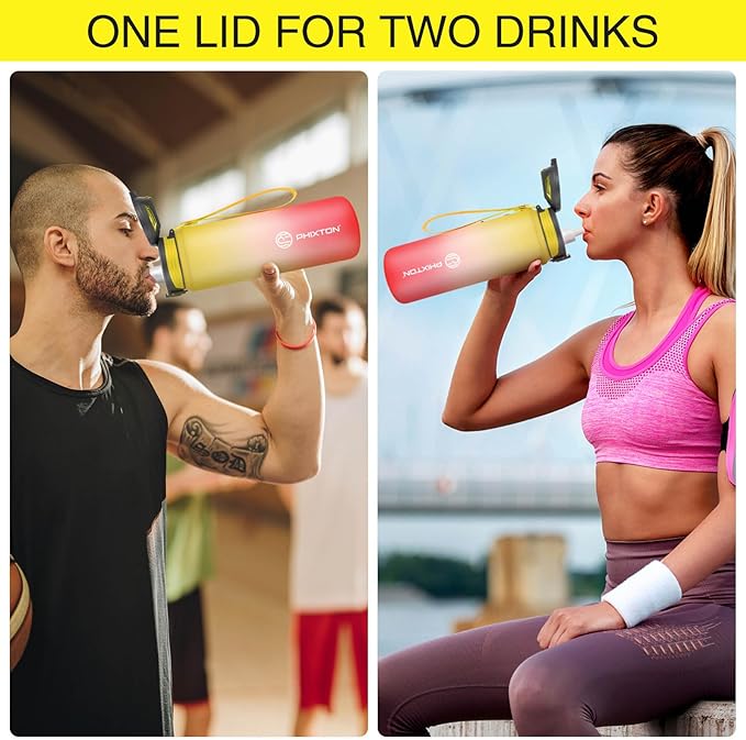 PHIXTON Sports Water Bottle 32 oz With Time Maker, Removable Straw, BPA Free Thick Tritan Plastic, 32OZ Motivational Leak Proof Waterbottle, Flip Top Hourly Measured Water Jugs For Drinking