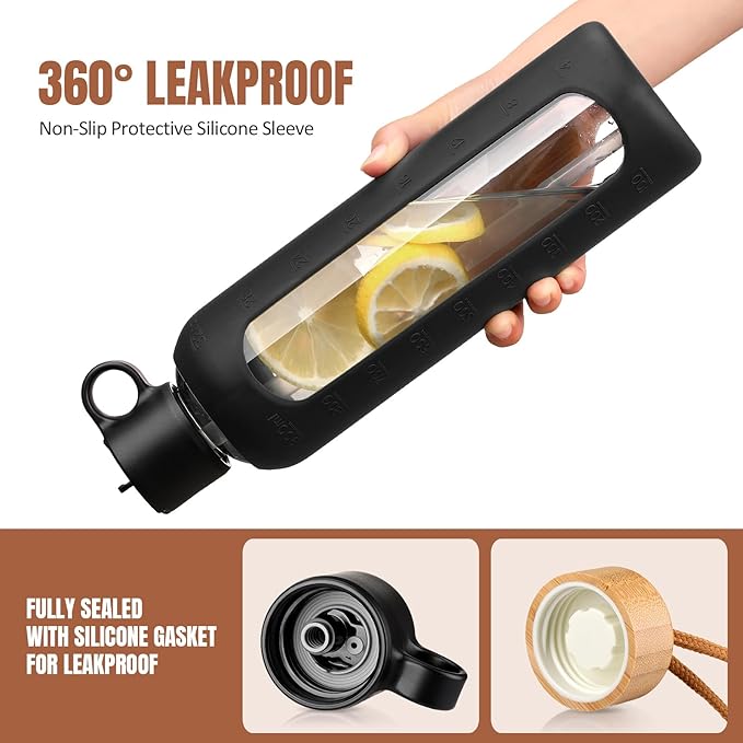 32oz Glass Water Bottle With 2 Lids-Flip Straw Lid, Bamboo Lid, Glass Water Bottle With Silicone Sleeve, Motivational Time Marker, Glass Juice Bottle for Cold Drink,Black