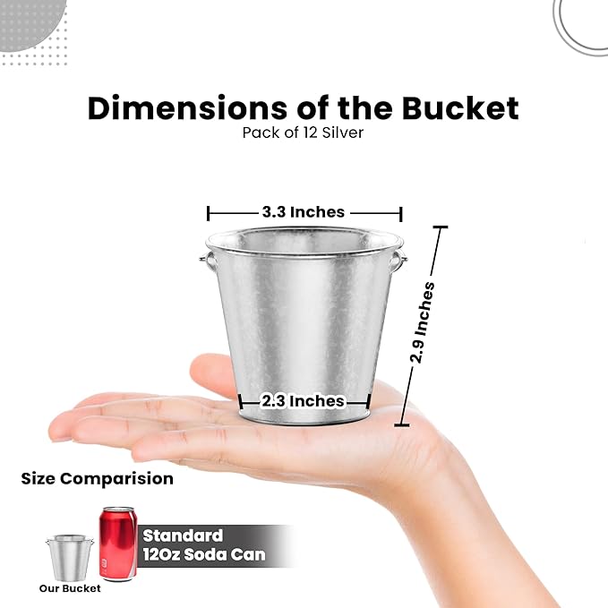 Small Metal Buckets with Handle 12 Pcs – Galvanized Bucket Leak Proof & Rust Resistant 8 fl oz Capacity - Best for Party Décor, Organizing & Decorating Classrooms (Mini 3.3" Top, Silver)