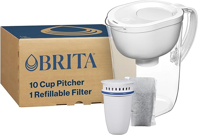 Brita Refillable Water Filtration System with Large 10 Cup Pitcher, Everyday, White, and 1 Refillable Filter