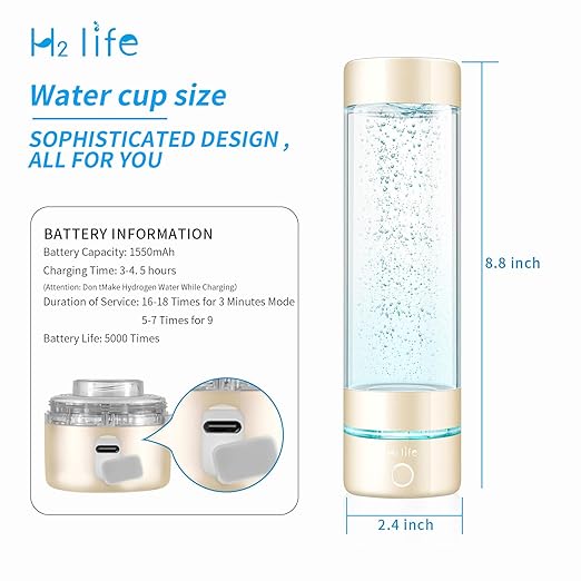 Hydrogen Sport Water Bottle, Professional Hydrogen-Rich Water Generator with SPE and PEM, 320ml 5000PPB Dual Mode Hydrogen Water Maker ionized for Travel Hiking Swimming (Gold)