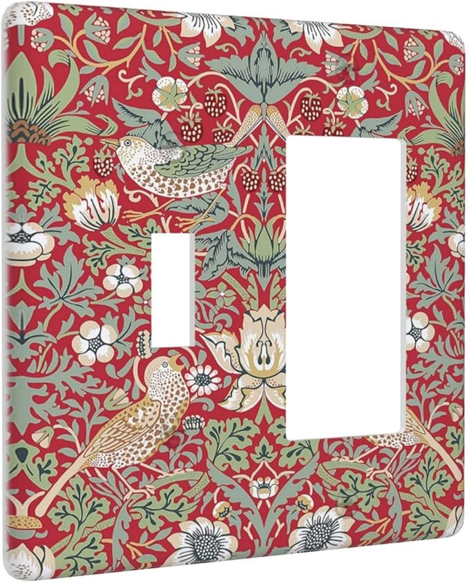 William Morris Strawberry Thief Botanical Red Green 2 Gang Single Toggle Rocker Combination Light Switch Covers Wall Plate Cover Electrical Faceplate Decorative Switchplate for Country Bedroom