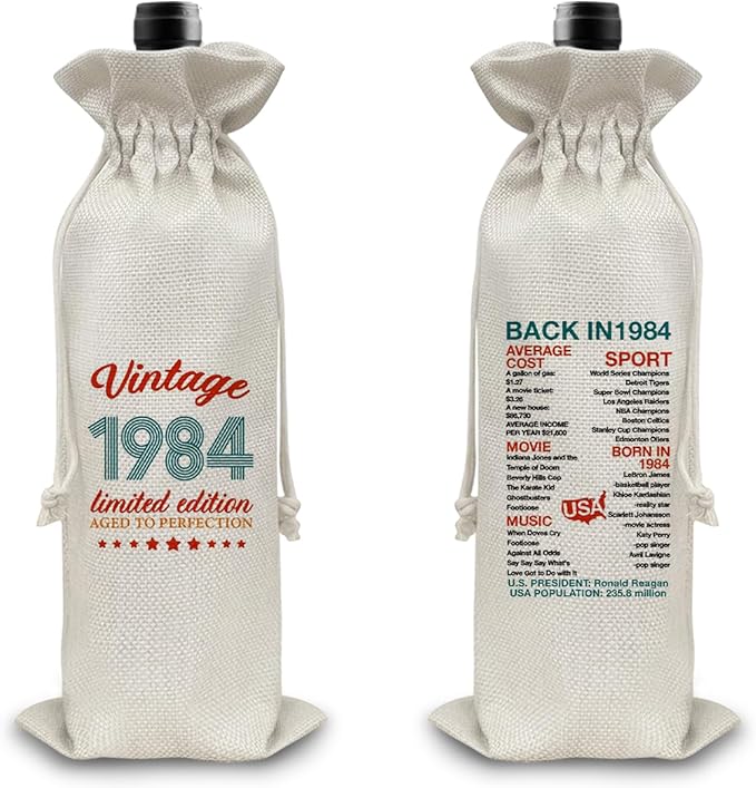 40th Birthday Gifts Wine Bag Congratulations Gifts for Men Women Mom Dad 1984 with Time Information Wine Gift Bag