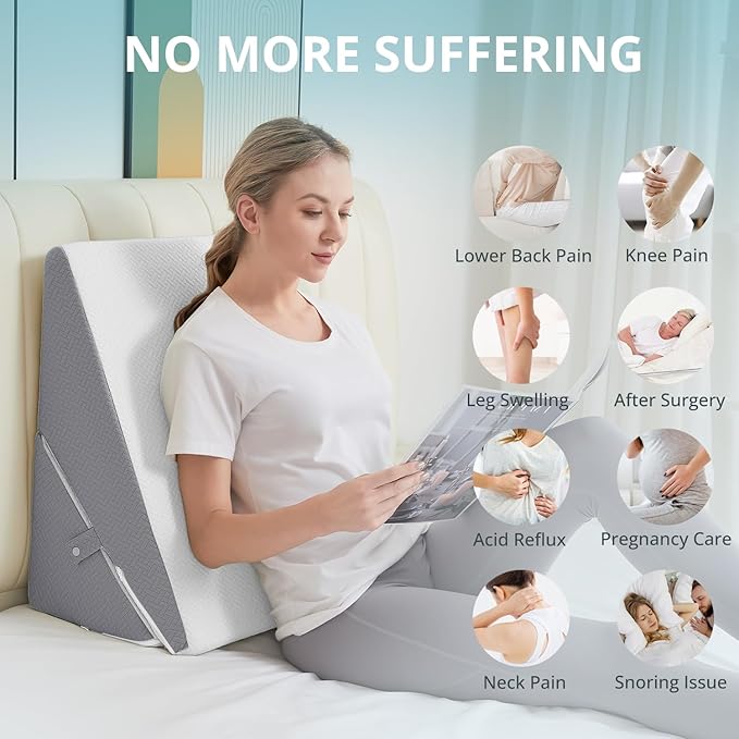 Sasttie Wedge Pillow for Sleep Apnea, 10 Inch Adjustable Bed Wedge Pillow for Back Pain, Acid Reflux, Memory Foam Triangle Pillow Wedge for Sleeping, Post Surgery, Knee Elevate, White & Dark Grey