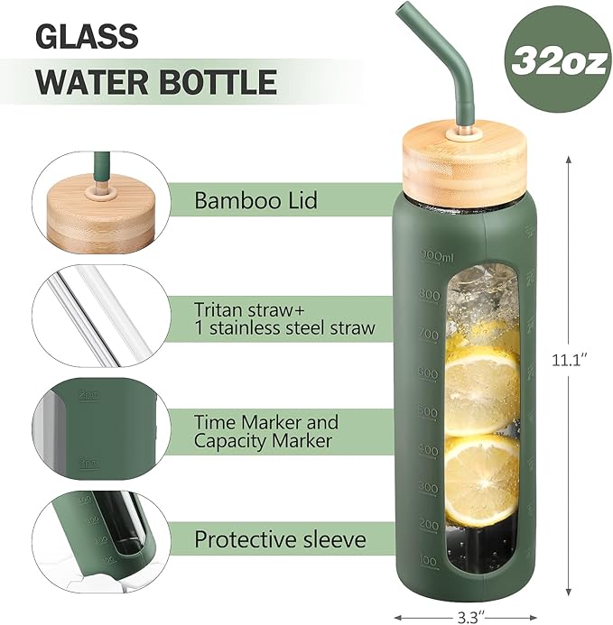 Glass Water Bottles with Straw -32oz- Water Bottle Phone Holder for Gym Large Motivational Water Bottle with Time Marker Glass Drinking Bottles 2 Lids - Spout & Bamboo Straw Lid(Olive)