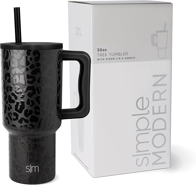 Simple Modern 30 oz Tumbler with Handle and Straw Lid | Insulated Cup Reusable Stainless Steel Water Bottle Travel Mug Cupholder Friendly | Gifts for Women Him Her | Trek Collection | Black Leopard