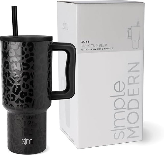 Simple Modern 30 oz Tumbler with Handle and Straw Lid | Insulated Cup Reusable Stainless Steel Water Bottle Travel Mug Cupholder Friendly | Gifts for Women Him Her | Trek Collection | Black Leopard