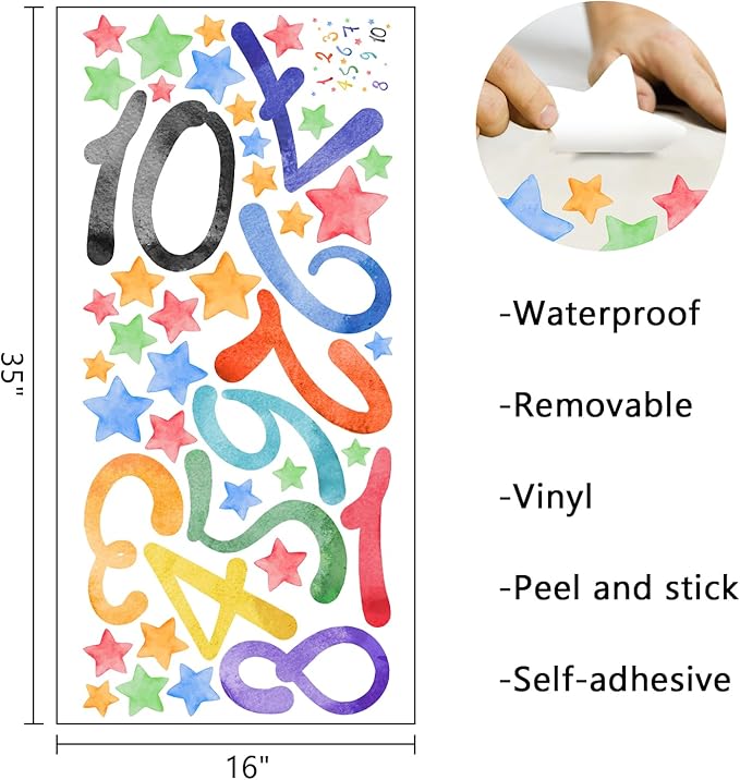 Mfault Watercolor Arabic Numbers 1-10 Learning Wall Decals Stickers, Educational Counting Stars Nursery Classroom Decorations Bedroom Playroom Art, Neutral Toddlers Kids Children Room Daycare Decor