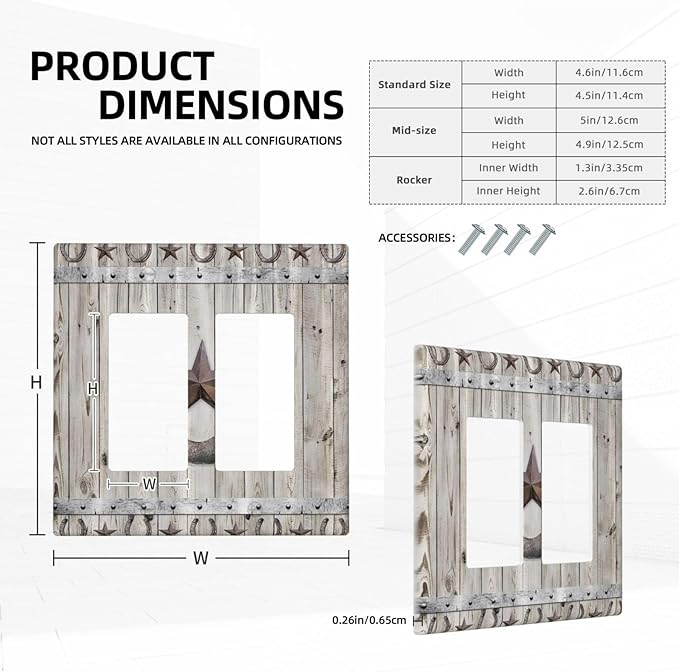 Rustic Western Wood Barn Door Horseshoe Iron Star 2 Gang Rocker Decora Light Switch Covers Dual Outlet Covers Wall Plate Decorative Switchplate Electrical Faceplate GFCI for Farmhouse Bedroom