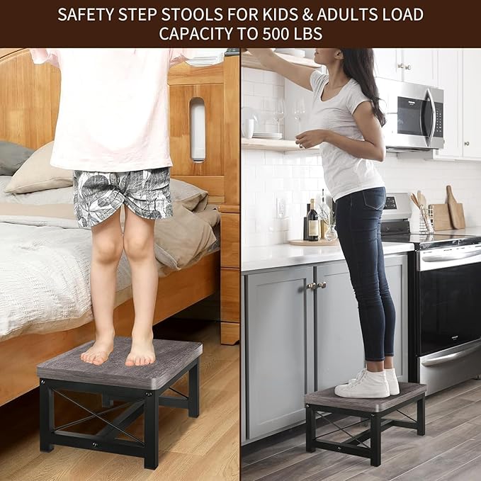Wood Step Stool for Adults and Kids, Wooden Toddler Step Stool for High Bed, Step Stool Kids Helper with Non-Slip Feet, Using for Bedroom, Hold Up to 500 lbs (1 Tier Grey)